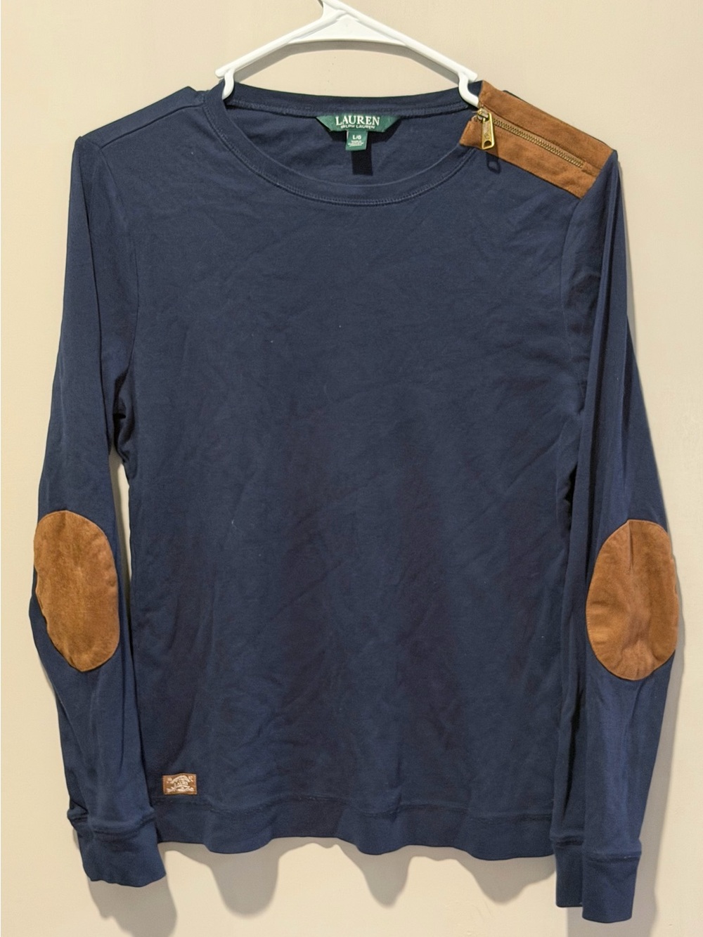 LAUREN RALPH LAUREN blue long sleeve shirt with brown elbow/ shoulder accents